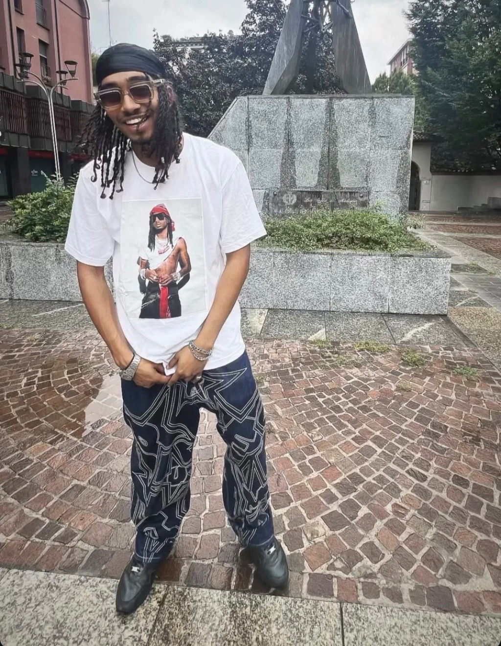White graphic T-shirt with square portrait photo print on front, crew neck