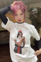 White graphic T-shirt with square portrait photo print on front