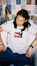 Stussy white T-shirt with Supreme logo graphic