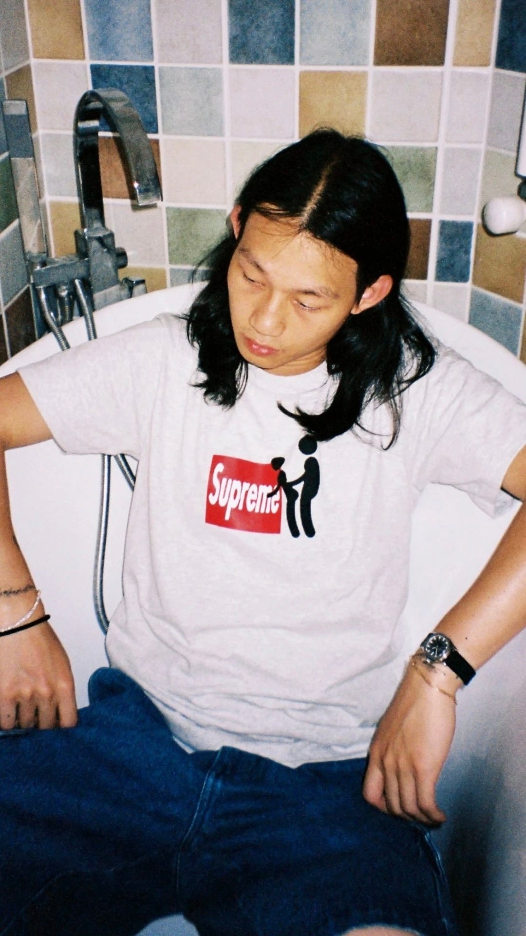 Stussy white T-shirt with Supreme logo graphic