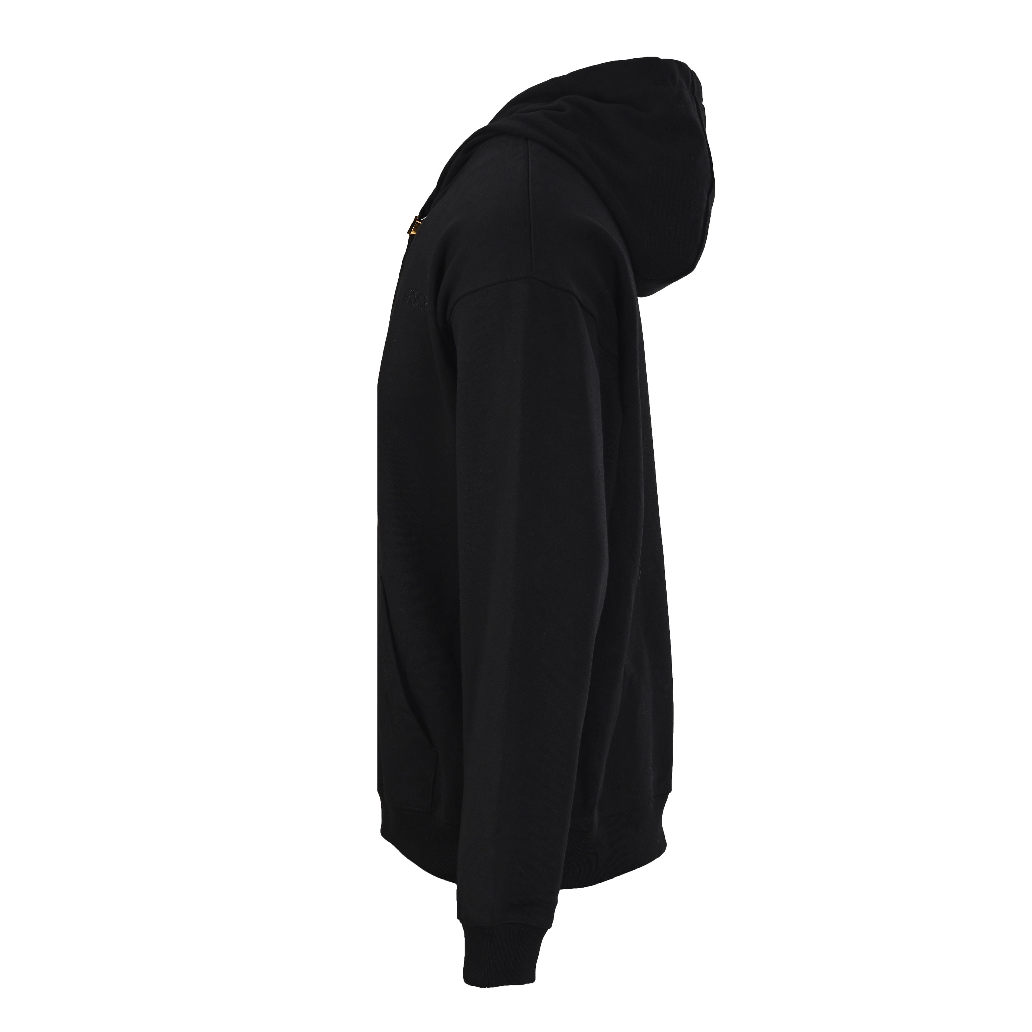 Versace black hoodie side view with zip front and attached hood