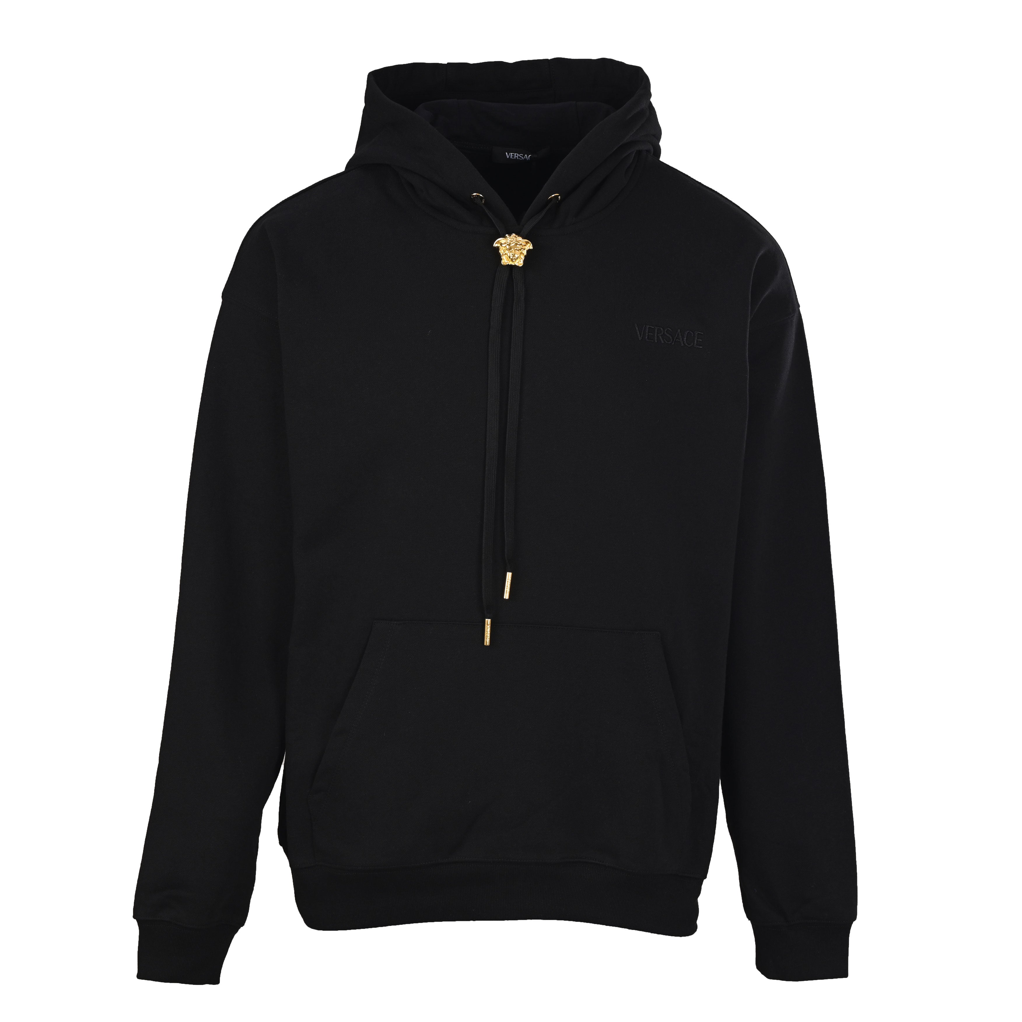 Versace black zip-up hoodie with gold crest, hood and drawstring