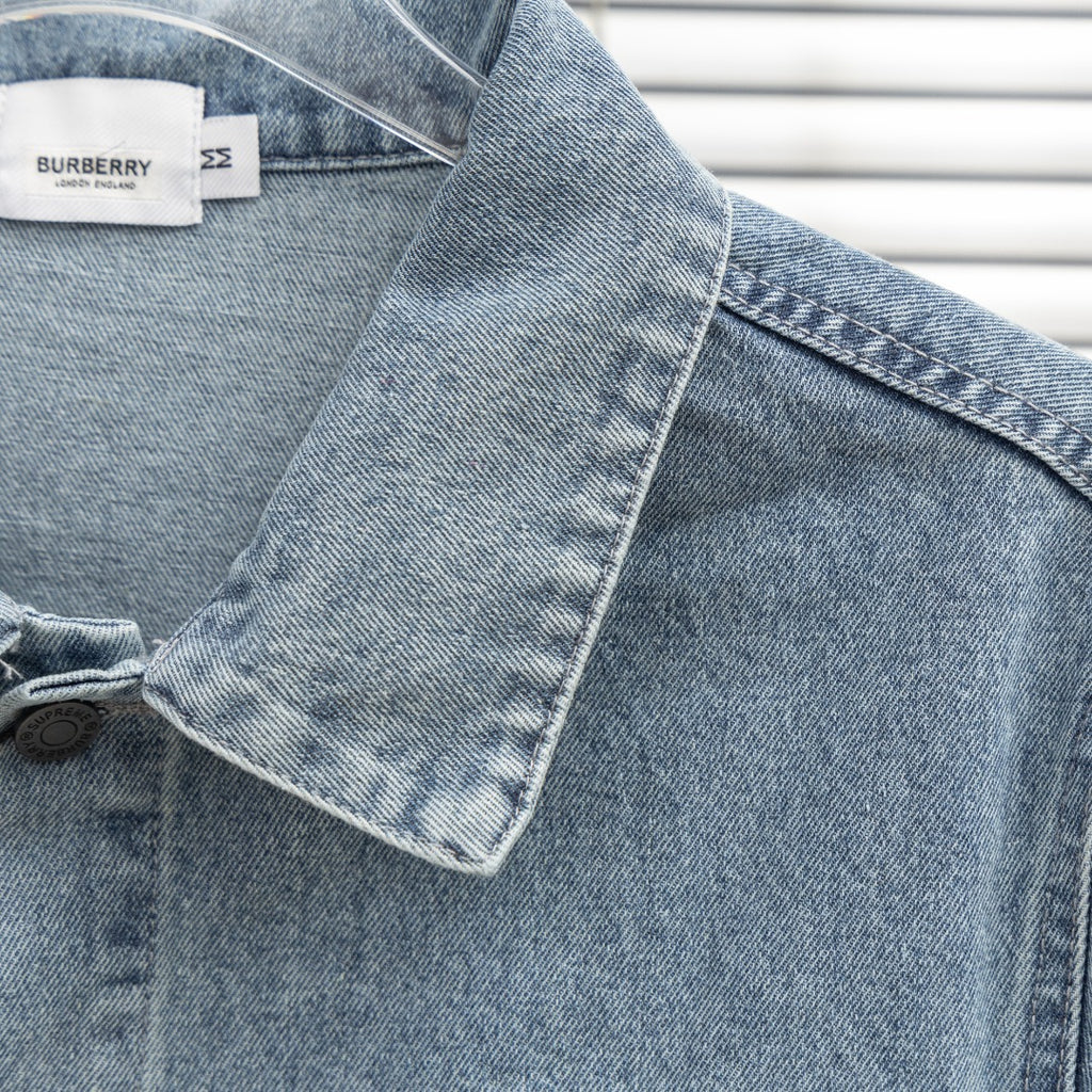 Denim jacket shoulder and collar close-up with seam details and buttoned placket