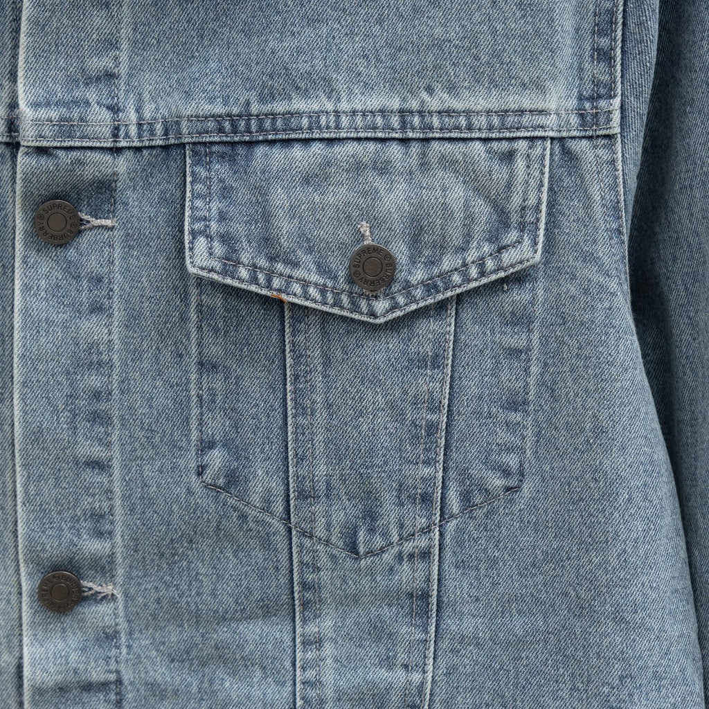 Denim jacket chest pocket close-up with buttoned flap and vertical seam stitching