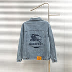 Back of Burberry long denim jacket with embroidered graphic and button front