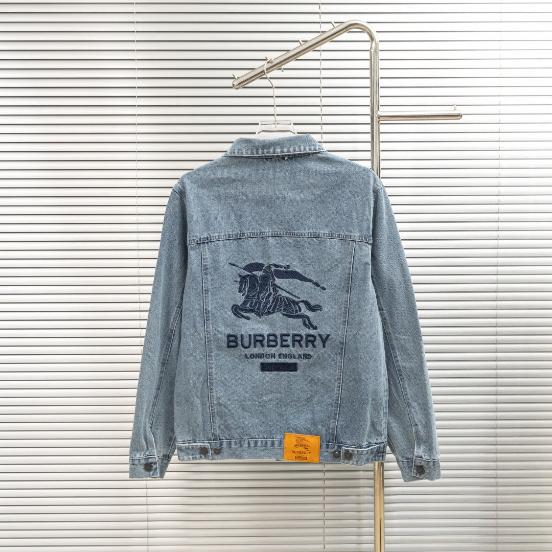 Back of Burberry long denim jacket with embroidered graphic and button front