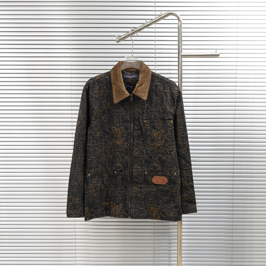 Louis Vuitton long denim jacket with tan corduroy collar and gold logo pattern