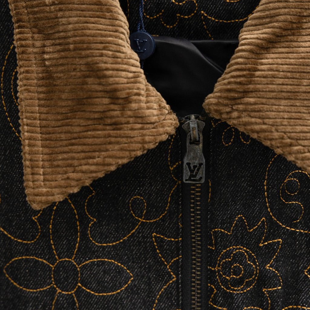 Louis Vuitton denim jacket front with tan corduroy collar and central zipper