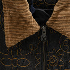 Louis Vuitton denim jacket front with tan corduroy collar and central zipper