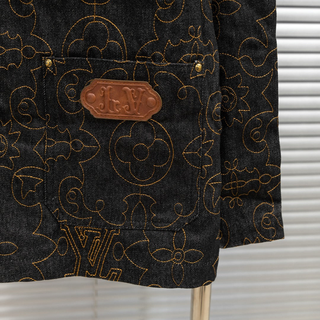 Louis Vuitton denim jacket button-placket patch with gold pattern