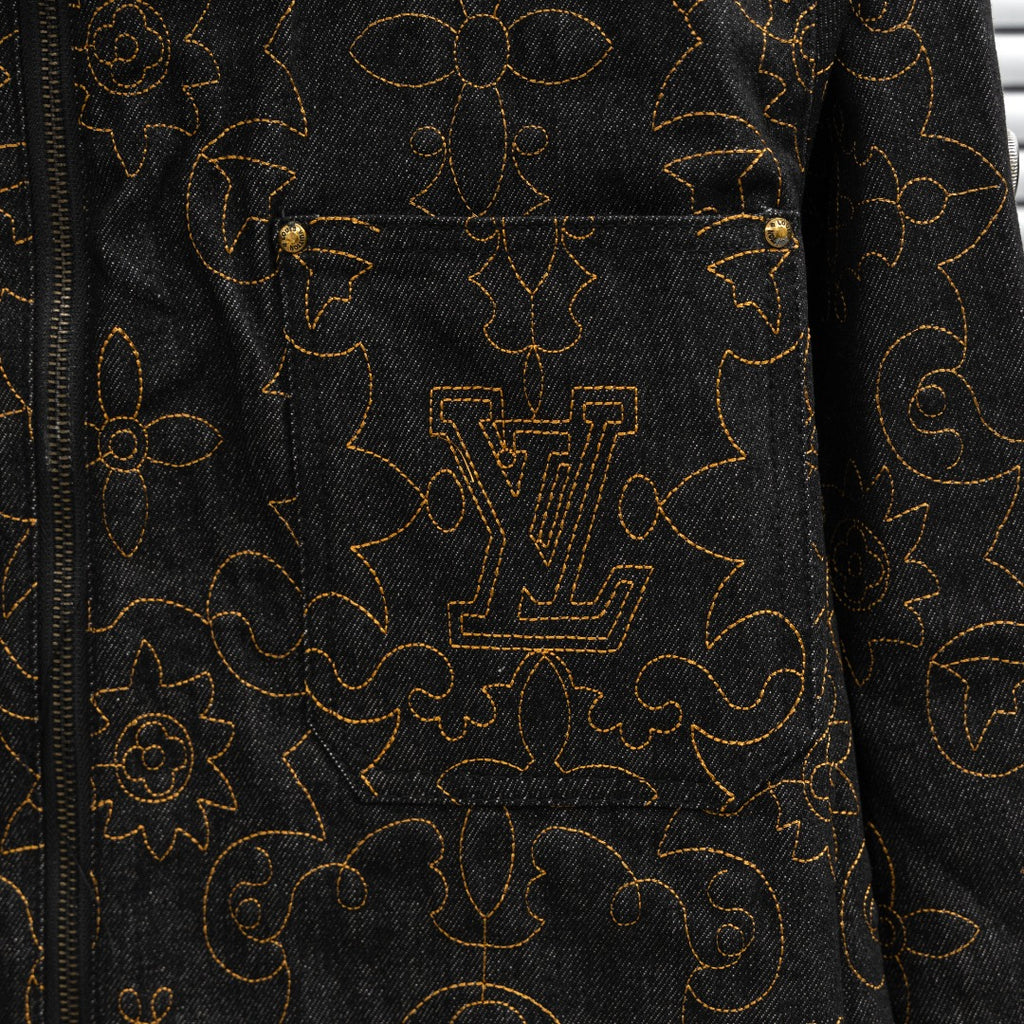 Louis Vuitton long denim jacket front panel with gold monogram-style pattern