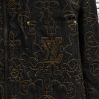 Louis Vuitton long denim jacket front panel with gold monogram-style pattern