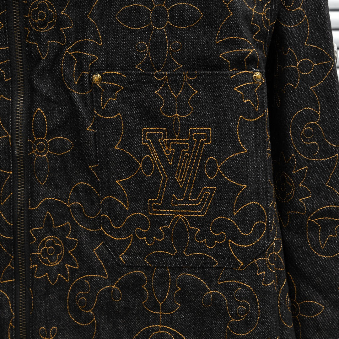Louis Vuitton long denim jacket front panel with gold monogram-style pattern