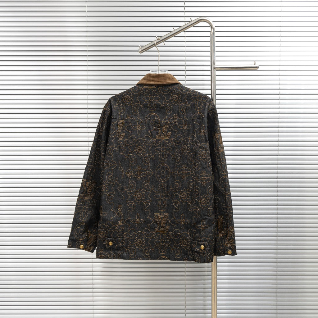 Louis Vuitton long denim jacket, back view with tan corduroy collar and gold pattern