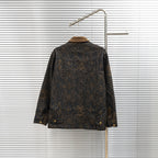 Louis Vuitton long denim jacket, back view with tan corduroy collar and gold pattern