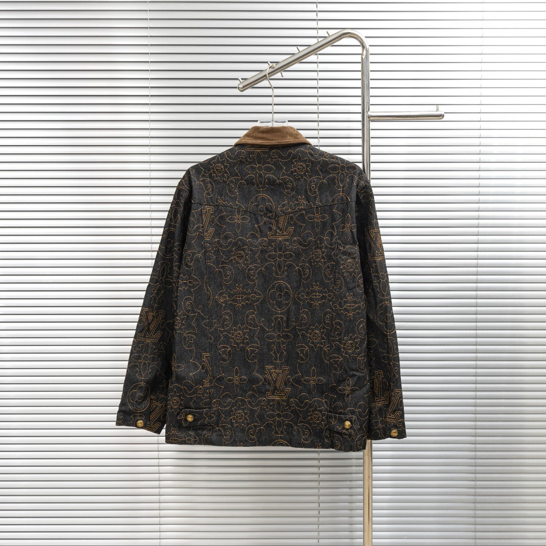 Louis Vuitton long denim jacket, back view with tan corduroy collar and gold pattern