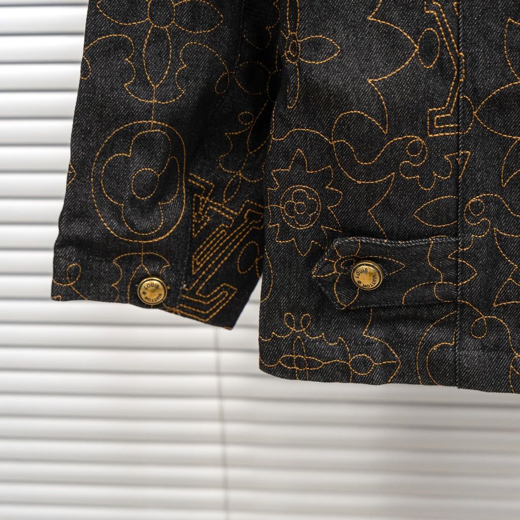 Louis Vuitton denim jacket sleeve with gold buttons and floral embroidery