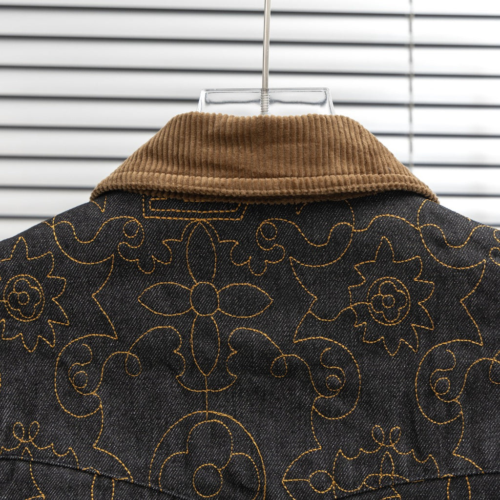 Louis Vuitton denim jacket with tan knit collar and gold floral monogram trim