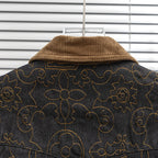 Louis Vuitton denim jacket with tan knit collar and gold floral monogram trim