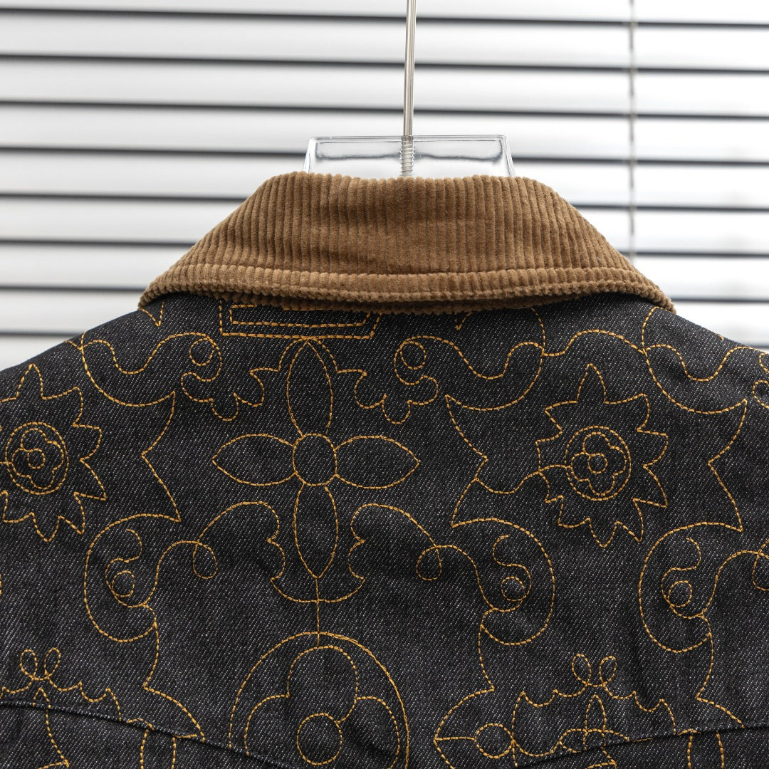 Louis Vuitton denim jacket with tan knit collar and gold floral monogram trim