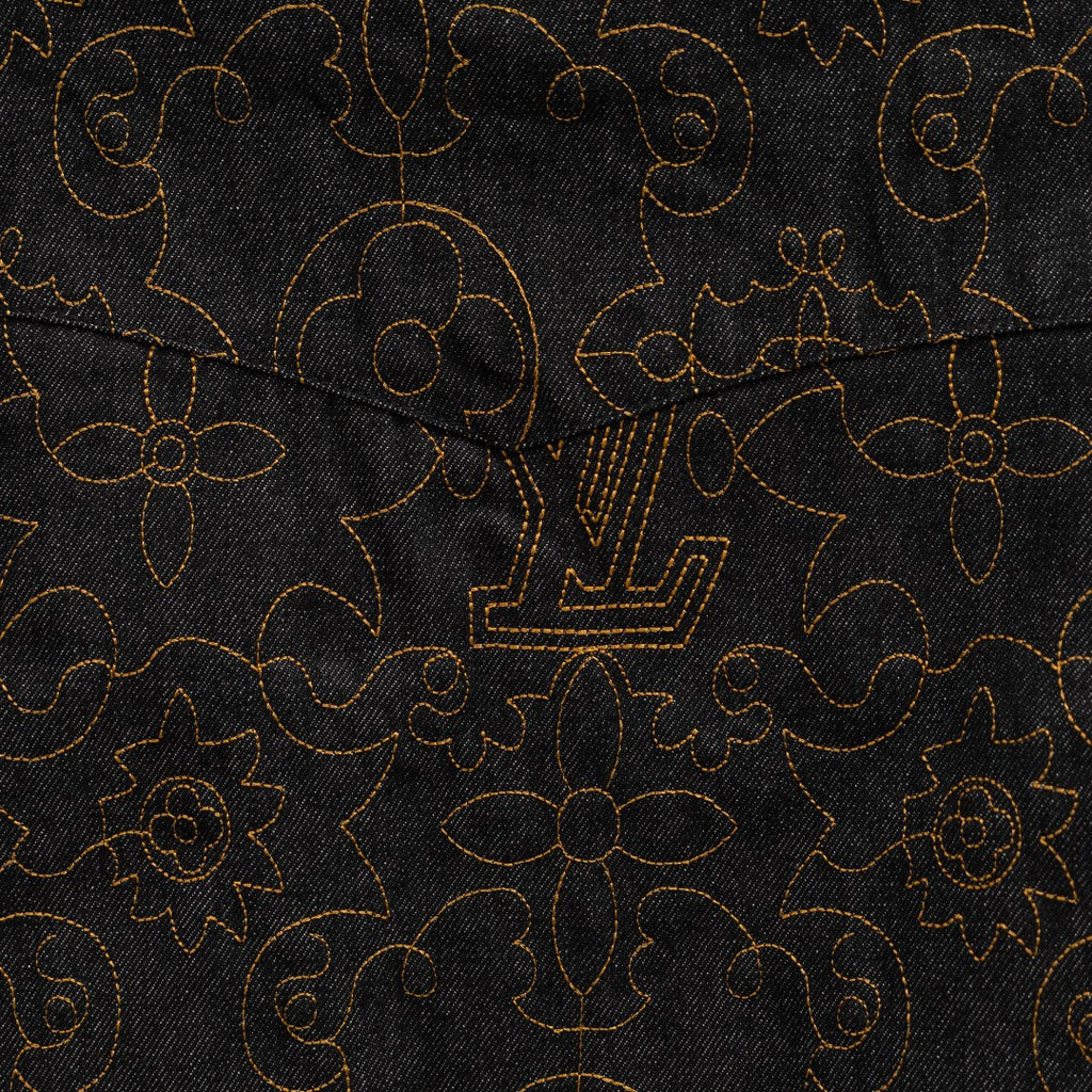 Louis Vuitton denim jacket panel with gold floral and logo embroidery