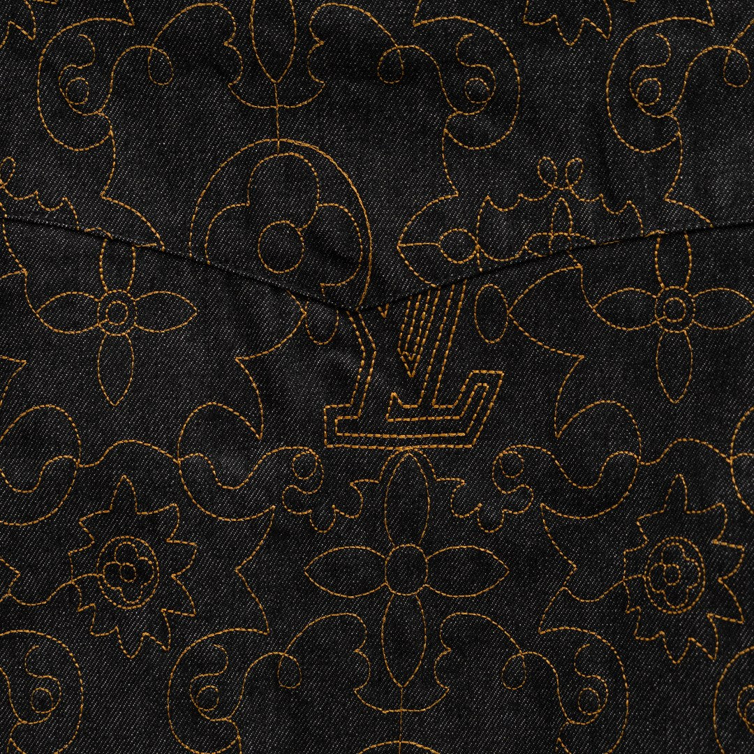 Louis Vuitton denim jacket panel with gold floral and logo embroidery