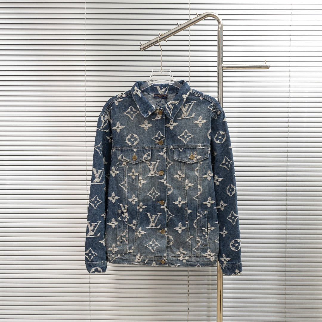 Denim jacket with Louis Vuitton monogram print, button front, pointed collar