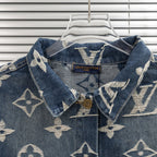 Denim jacket collar with Louis Vuitton monogram pattern, gold button at center