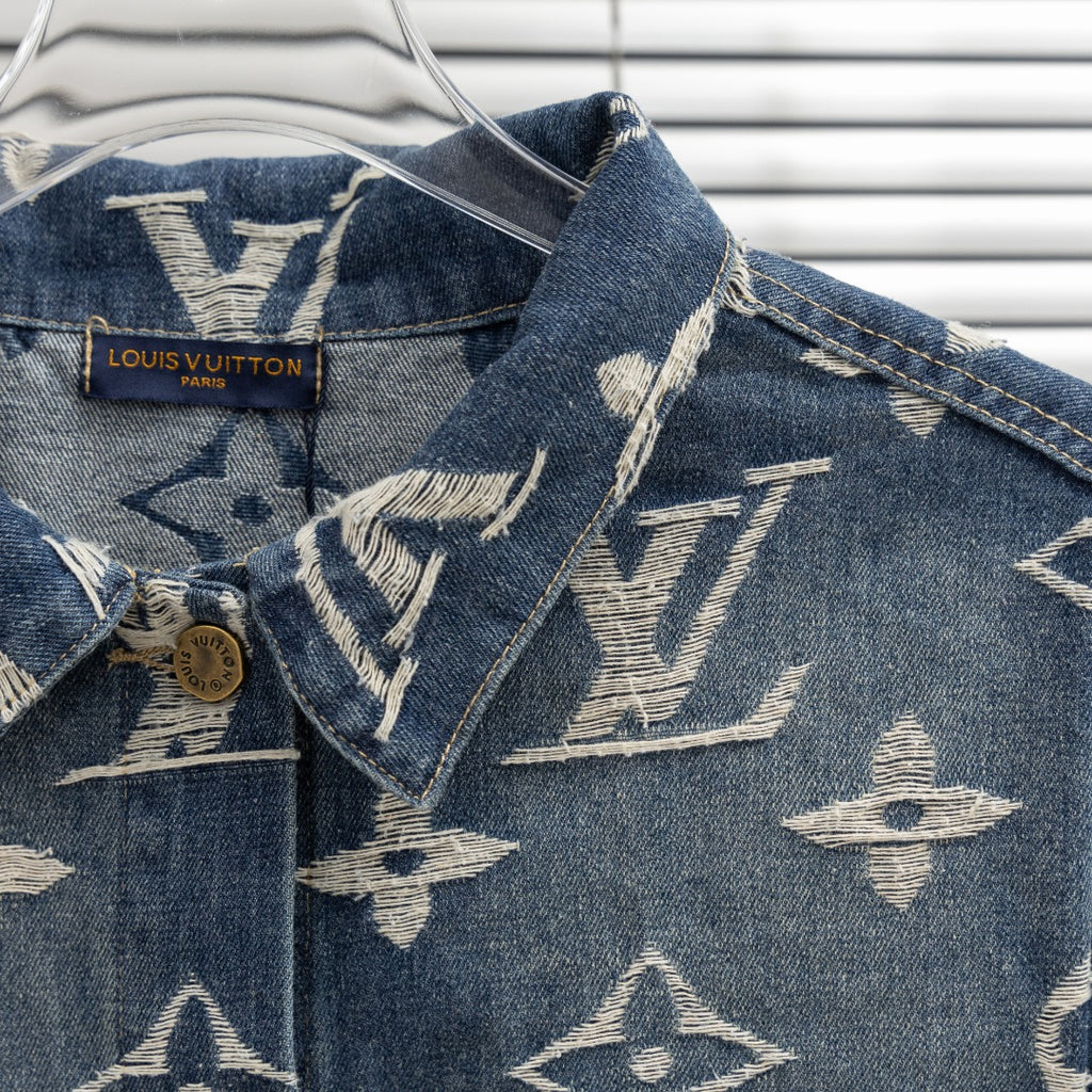 Denim jacket lapels with Louis Vuitton monogram print, top button and stitching