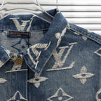 Denim jacket lapels with Louis Vuitton monogram print, top button and stitching