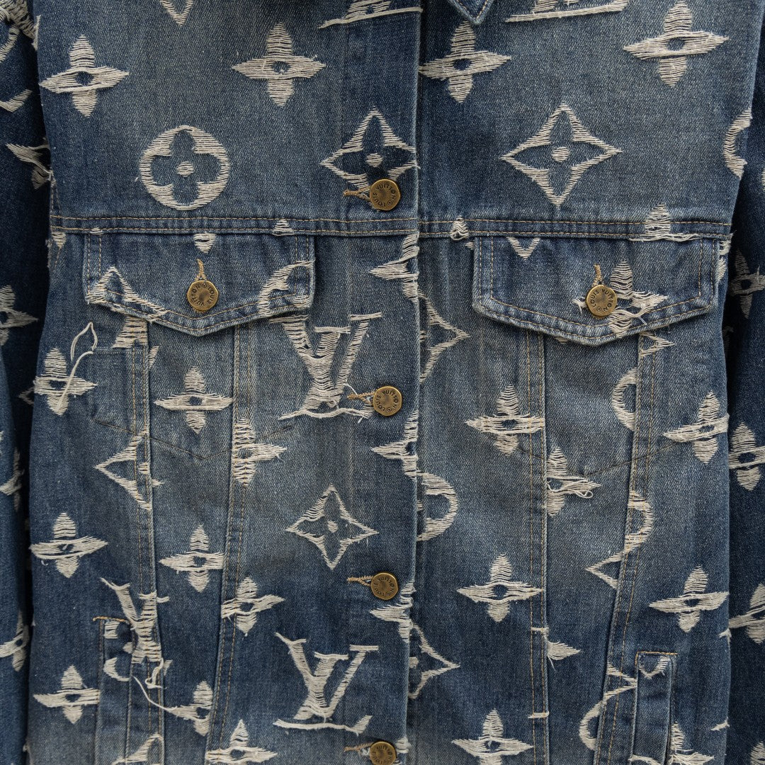 Denim jacket with Louis Vuitton monogram print, front flap pockets with buttons