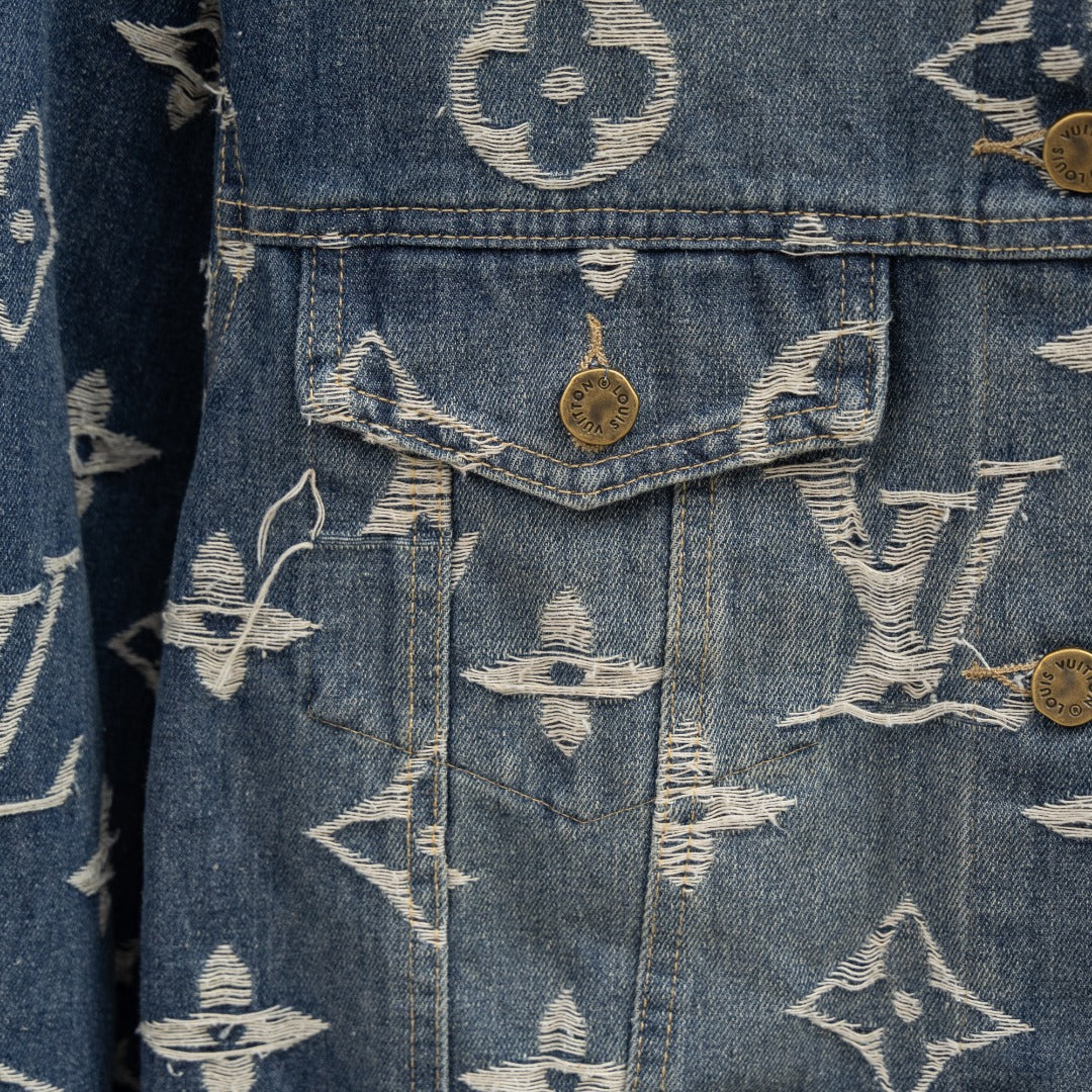 Denim jacket flap pocket with Louis Vuitton monogram print, distressed pocket stitching