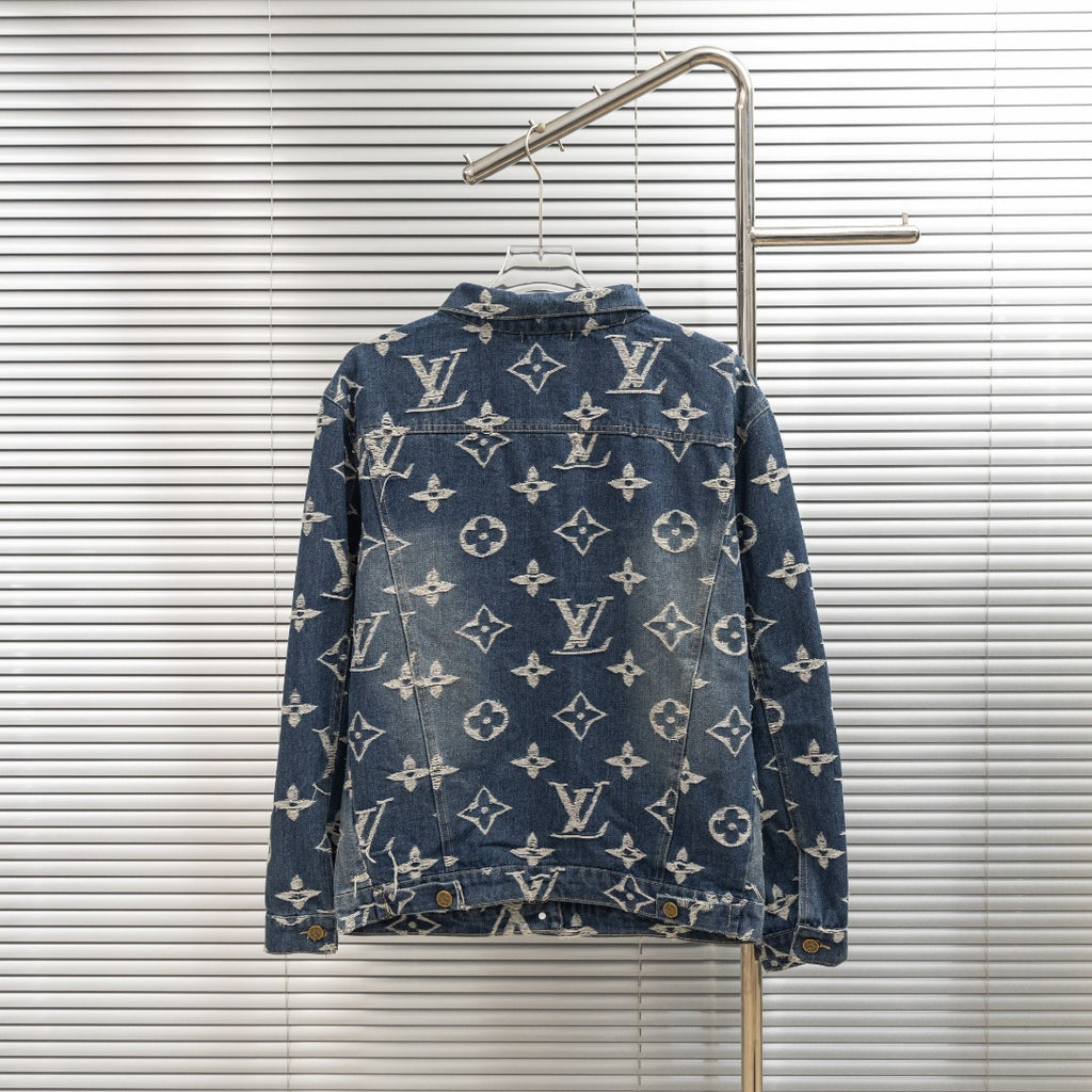 Denim jacket with Louis Vuitton monogram print, full back view, button details