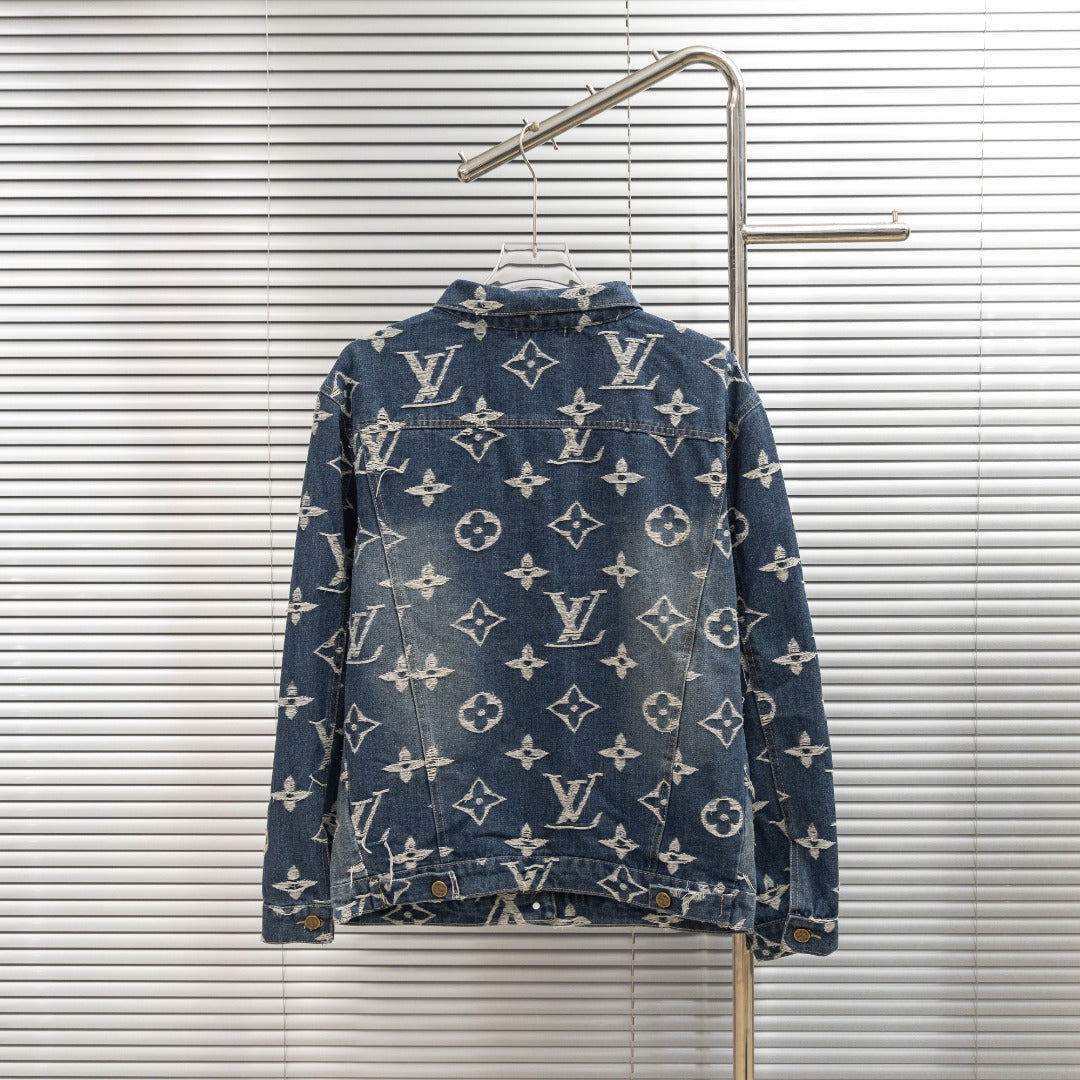Denim jacket with Louis Vuitton monogram print, full back view, button details