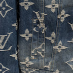 Denim jacket side seam with Louis Vuitton monogram print, vertical panel and distress