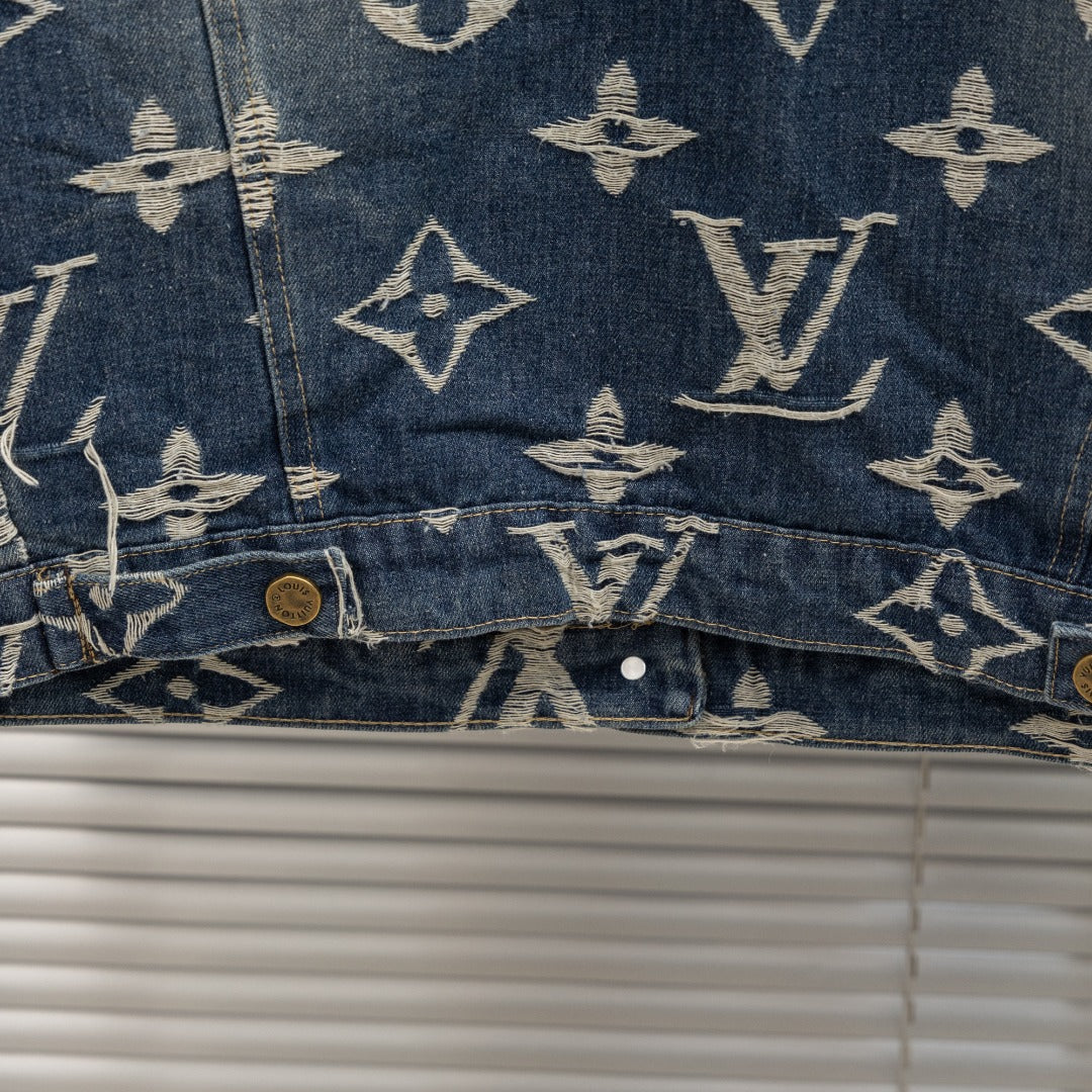 Louis Vuitton denim jacket with front pocket and allover monogram print, button closure