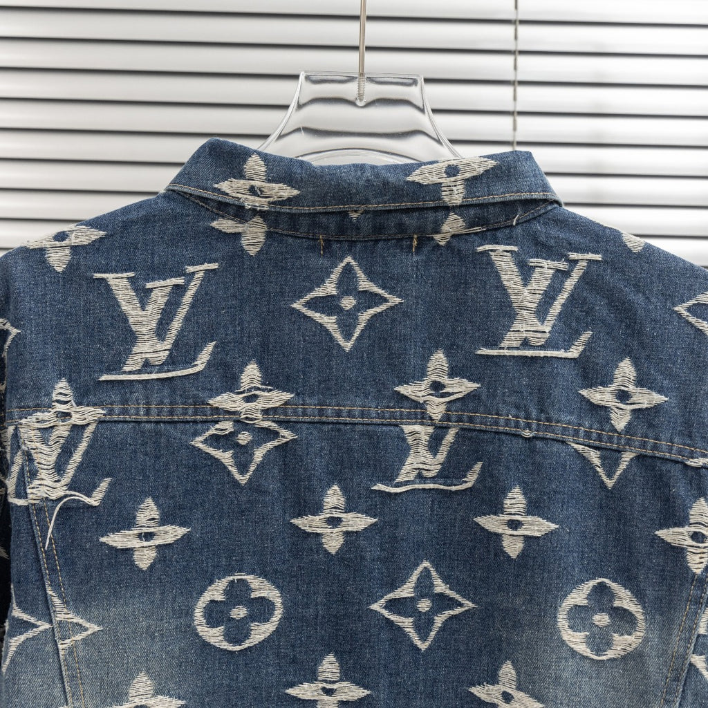 Louis Vuitton denim jacket with allover light monogram print, button front and collar