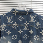 Louis Vuitton denim jacket with allover light monogram print, button front and collar