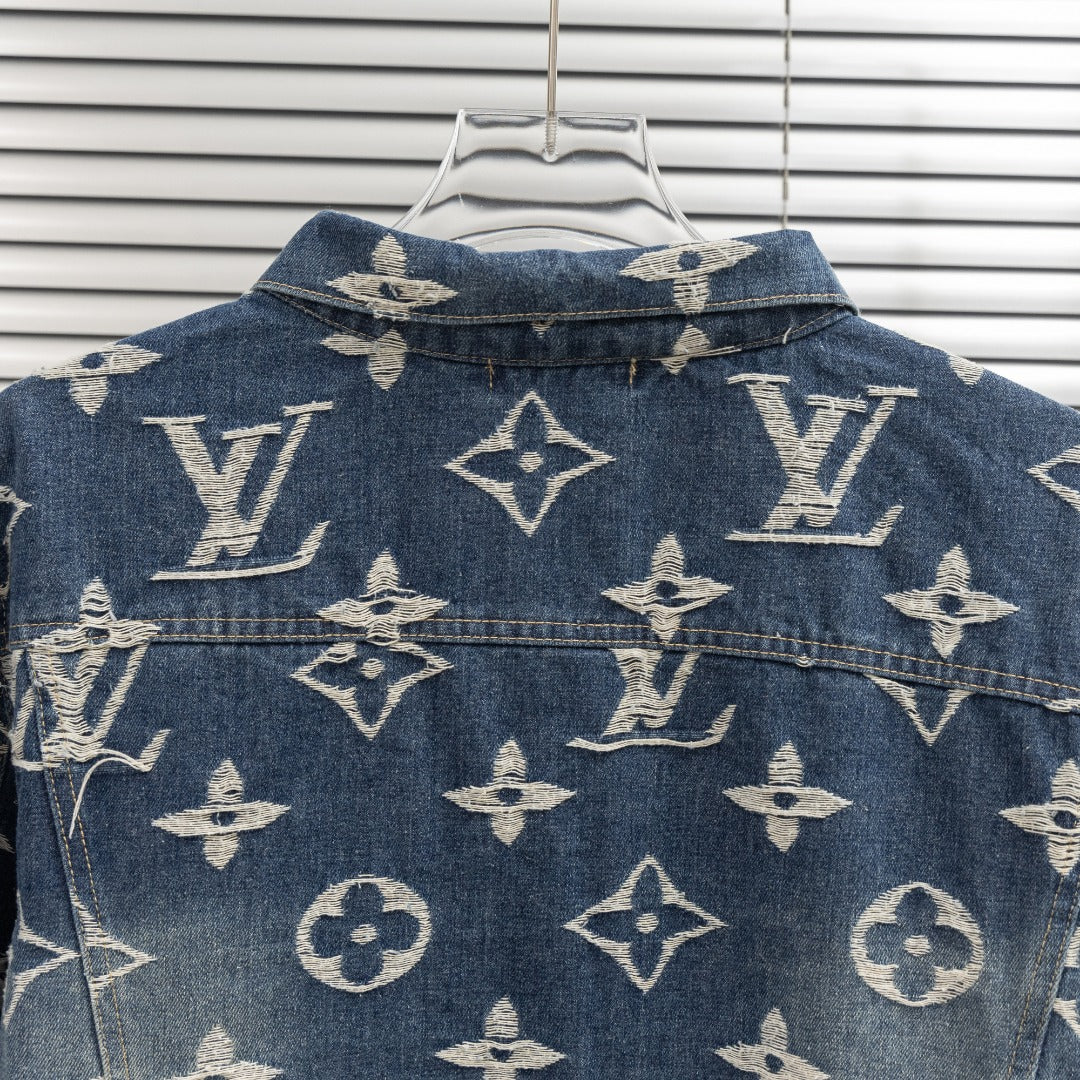 Louis Vuitton denim jacket with allover light monogram print, button front and collar