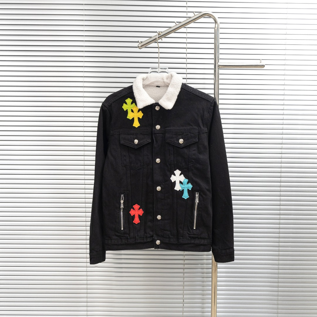 Black denim jacket with white sherpa collar and multicolor cross patches