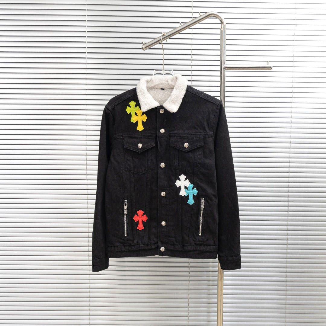 Black denim jacket with white sherpa collar and multicolor cross patches