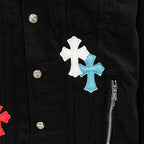 Black denim jacket with white and blue cross patches and front zipper