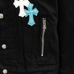 Black denim jacket with front zipper and blue cross patch