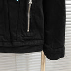 Black denim jacket lower side with front zipper and hem