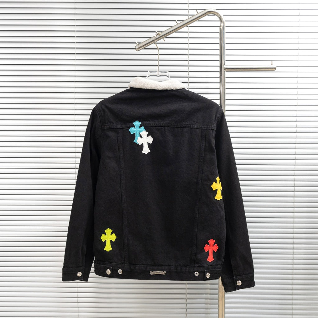 Black denim jacket back view with white sherpa collar and cross patches
