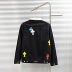 Black denim jacket back view with white sherpa collar and cross patches