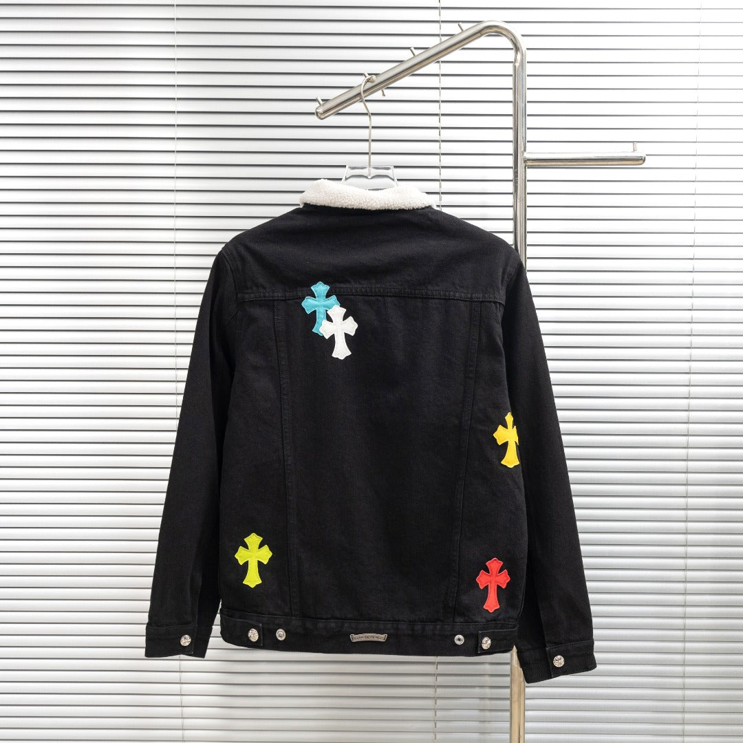 Black denim jacket back view with white sherpa collar and cross patches