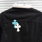 Black denim jacket with sherpa-lined collar and cross patch at back
