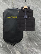 Black long padded vest with hood, front zipper, triangle logo patch