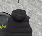 Black hooded padded vest with gathered hood